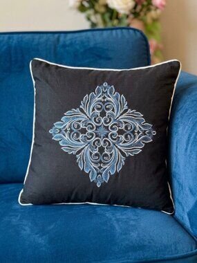 Black & Blue Boho Embroidered Throw Pillow